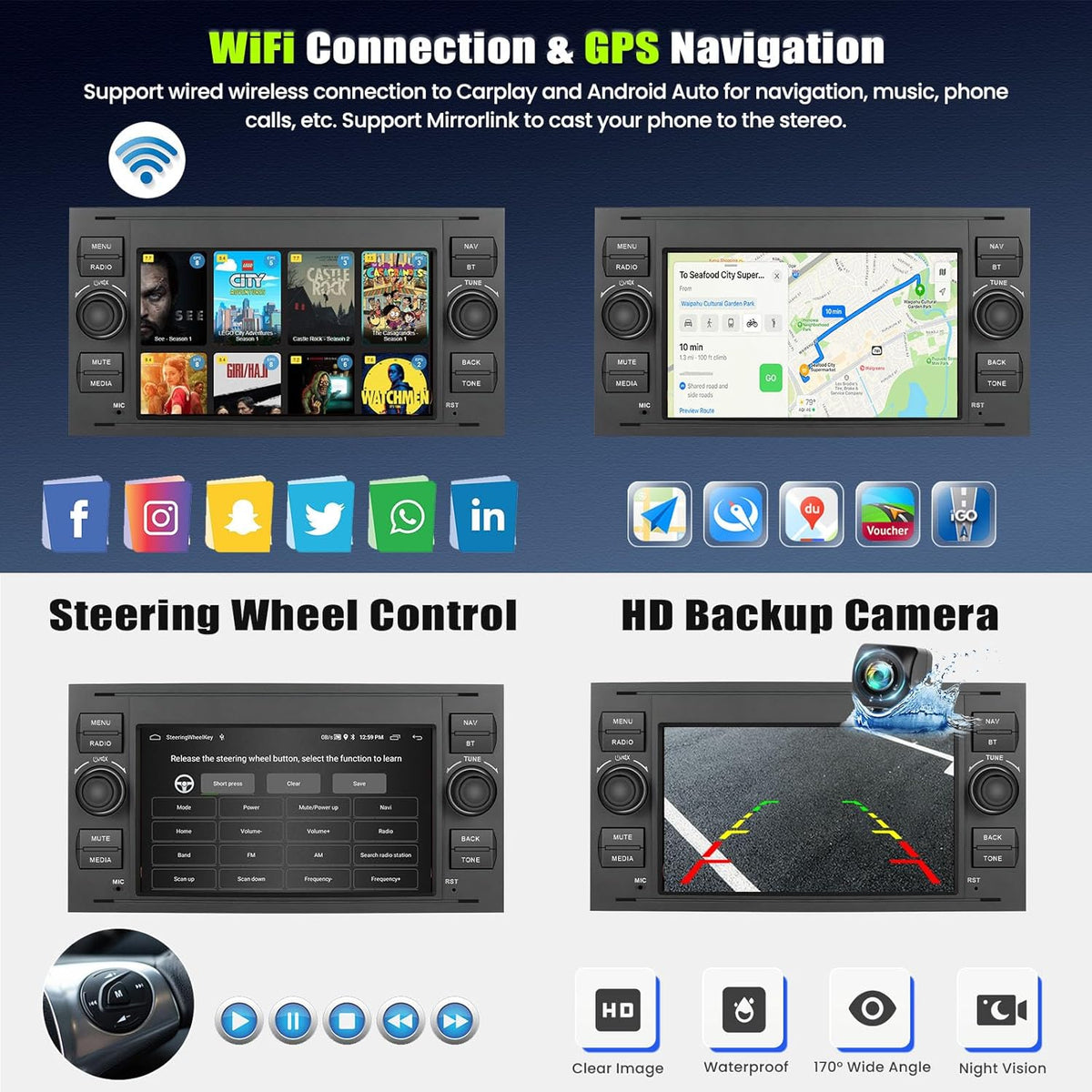 2+64G Android 13 7'' Touchscreen Autoradio für Ford Focus/C-Max/S-Max/Galaxy/Fusion/Transit Connect mit Carplay & Android Auto Radio mit Bluetooth WiFi GPS FM/RDS 36EQ SWC+Rückfahrkamera&Mic