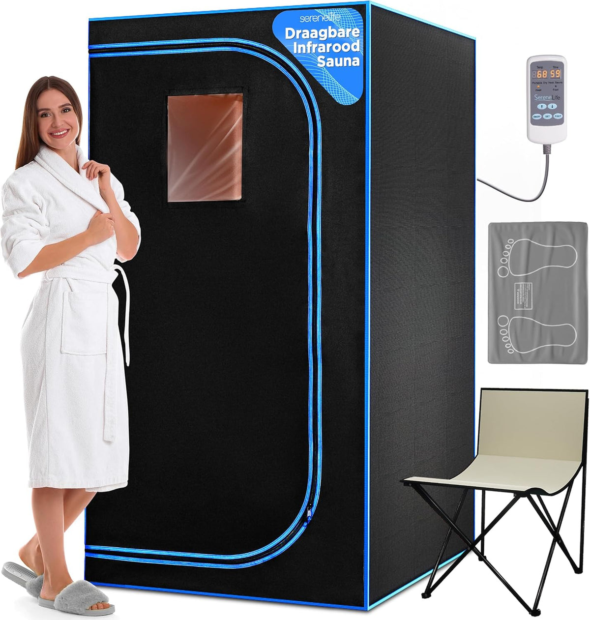 SereneLife Portable Sauna for Home Infrared Sauna Tent with Heated Foot Cushion and Foldable Chair-Sauna Box - Compact Personal Detox Sauna Remote Control for Home Spa, 90 x 180cm-Black - QUORE