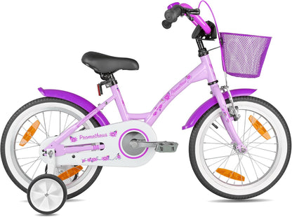 PROMETHEUS BICYCLES Kinderfiets vanaf 5 jaar, meisjesfiets, 16 inch, kinderfiets met steunwielen, terugtraprem, in paars/lila