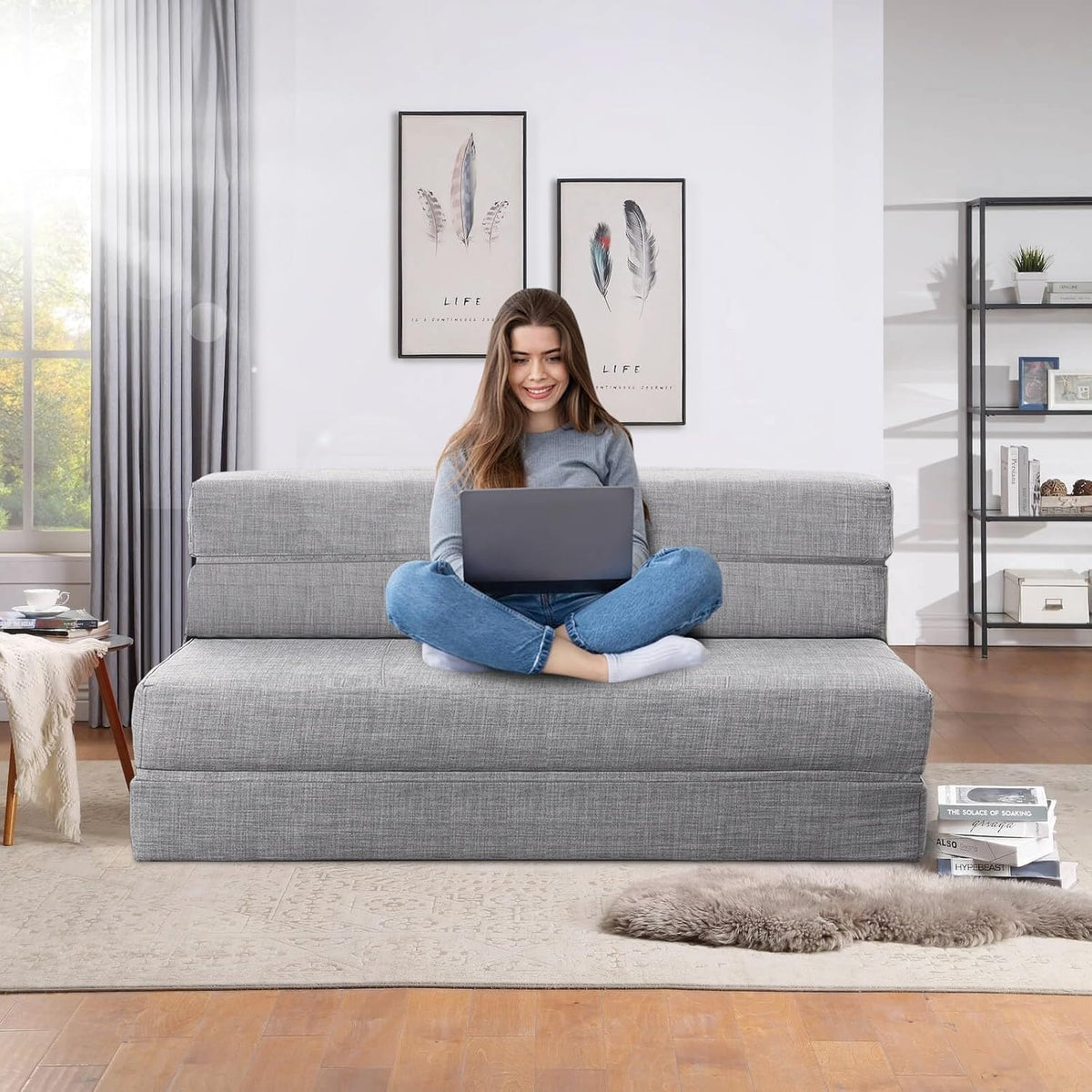 ANONER Traagschuim Uitklapbare Slaapbank met Kussen Twin Size Futon Slaapstoel voor Woonkamer Appartement (Queen, Light Grey)