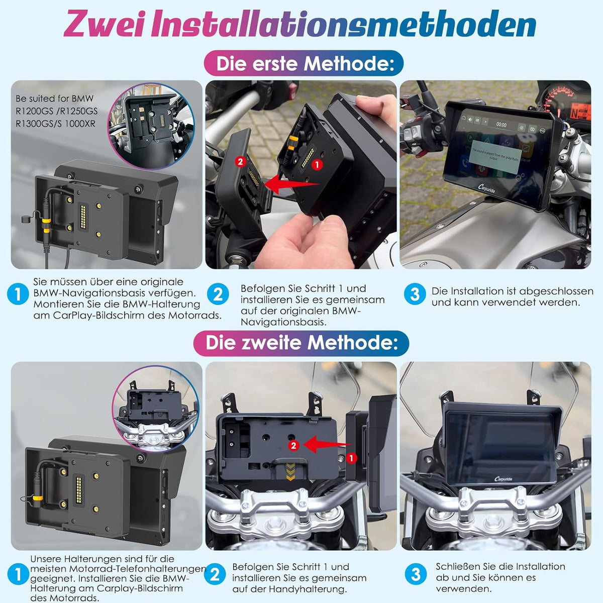 Carpuride w502b Motorfiets Carplay Scherm voor BMW R1200GS R1250GS S1000XR Motorfiets, 5 inch Waterdicht Touchscreen, Draagbare Carplay/Android Auto GPS Navigatie voor Motorfiets, Dual Bluetooth