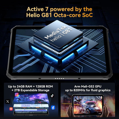 Blackview Active 7 Outdoor Tablet 11 inch Rugged Tablet Android 15, Dual 4G + 5G WiFi 45W 10000mAh GeminiAI 20MP nachtzicht campinglicht 24 GB RAM + 128 GB ROM + 2 TB TF NFC/PC Mode/GPS/OTG/met stylus