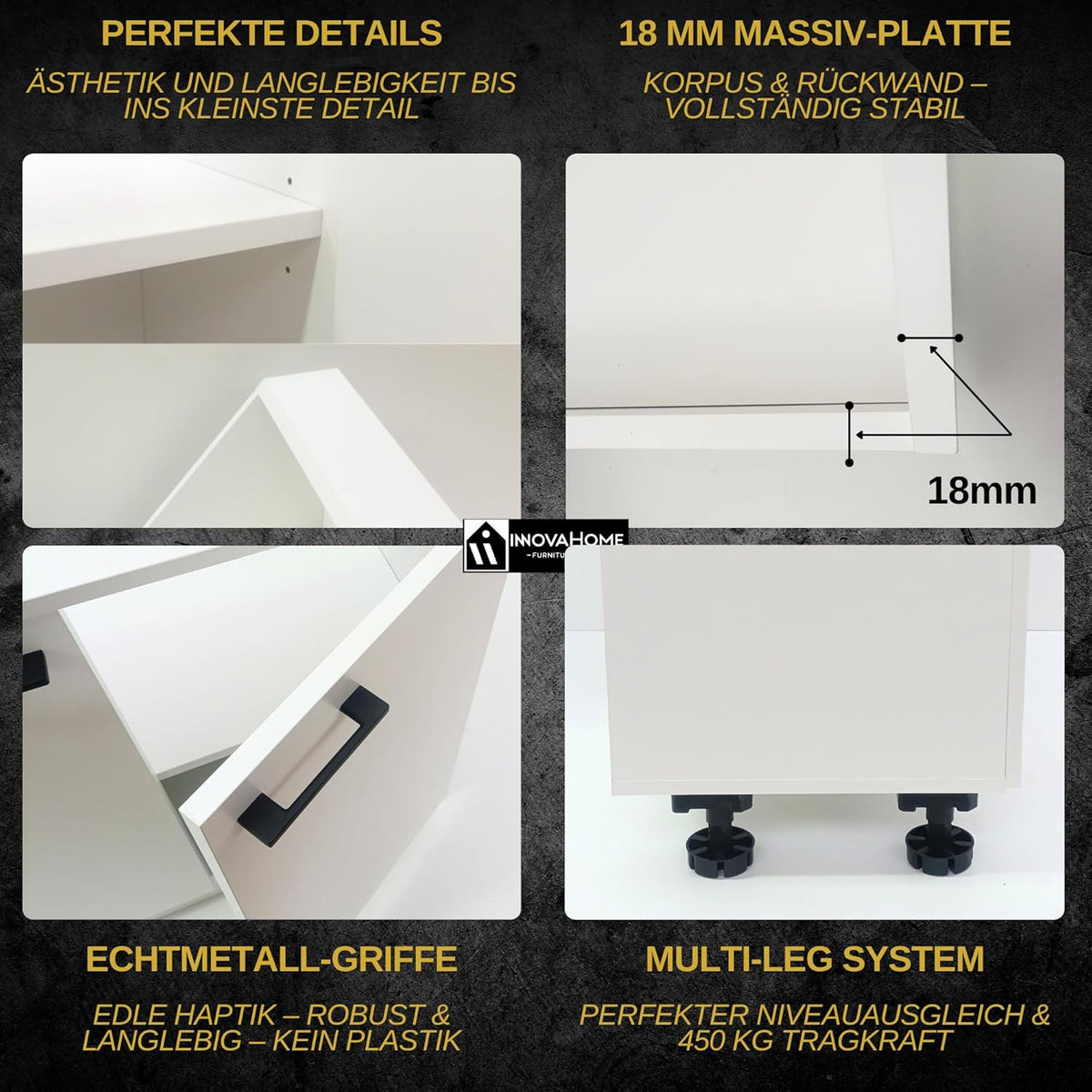 INNOVAHOME Knee Shelter Cabinet 80 cm – Low Loft Cabinet for Angled Walls with Robust Structure 18 mm (Hull & Back Wall), Metal Handles and Adjustable Legs – Polar White - QUORE