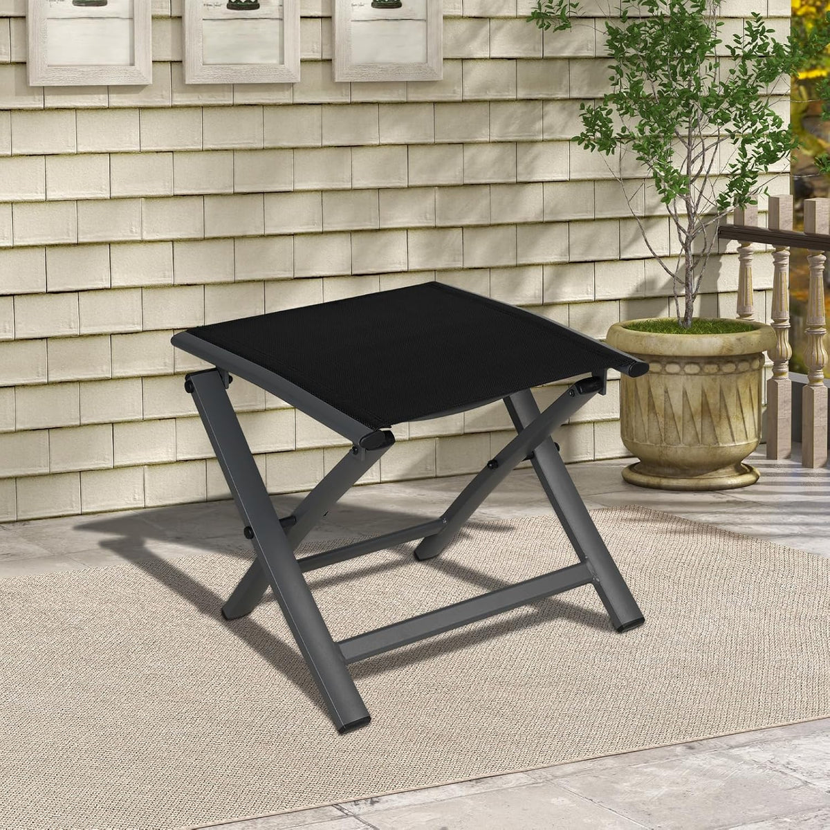 Grand patio Tuin opvouwbare voetenbank, Ottomaans aluminium, lichtgewicht, mesh sling Farbic draagbare kruk voor tuin, buiten (zwart)