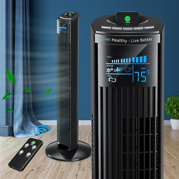 Luchtkoeler - Aircooler - Torenventilator - 91.4 cm Ventilator - met 3 Snelheden - 3 Modi - Afstandsbediening - 12-uurs Timer - Slaapmodus - Draagbare Ventilator - Zonder Vleugels - Zwart