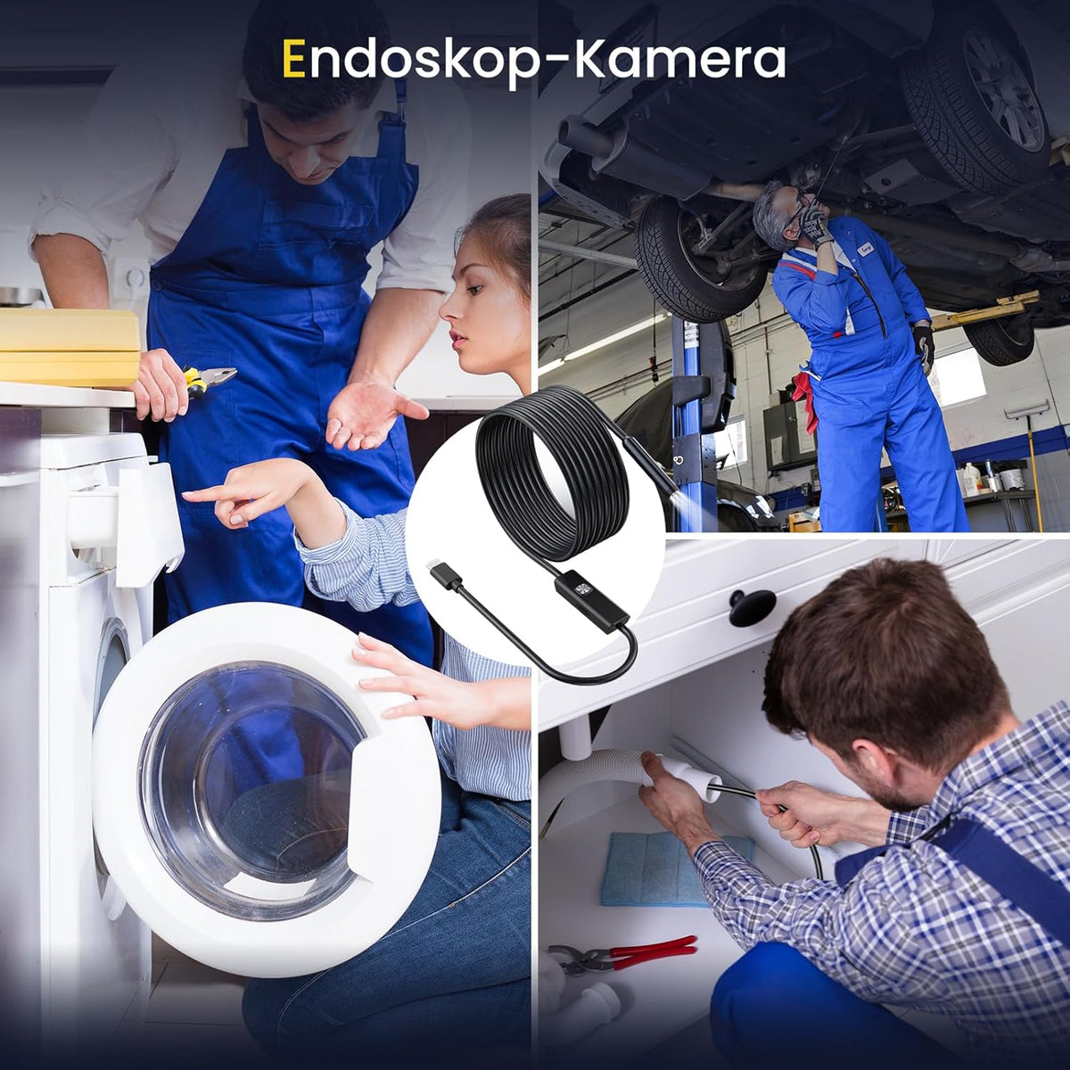 Maxpow Endoscoopcamera met licht, 1920 HD 8 ledverlichting, waterdichte IP67-endoscoop voor Android- en iOS-smartphones, semi-rigide kabelinspectiecamera voor autoreparatie, ventilatiebuizen