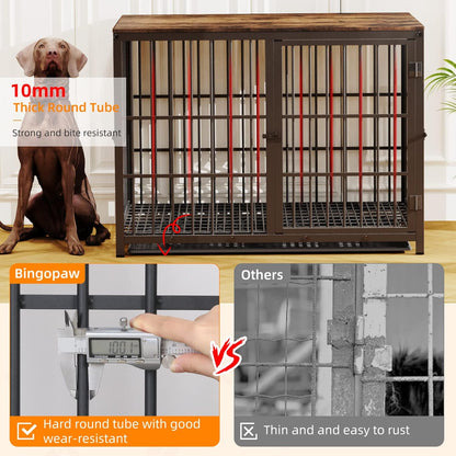 BingoPaw Houten hondenkrat binnen: 42 inch meubelstijl extra grote huisdierenkooi huisdierenkennel bijzettafel met drie deuren en afneembaar dienblad voor grote honden, zwart