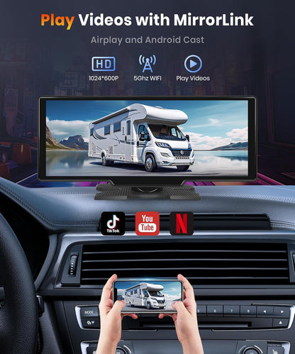 Podofo 10.26''draagbare autoradio touchscreen draadloos Carplay Android Auto Bluetooth/FM-zender/AUX Spraakassistent met achteruitrijcamera DC 7-32v