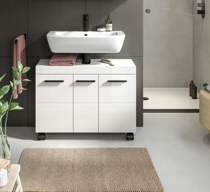 xonox.home – Wastafelonderkast Nova op wielen 80 x 58 x 30 cm in wit hoogglans – grote badkamerkast met 3 deuren, 3 planken en 6 vakken – veel opbergruimte op wielen, stijlvol en bijzonder