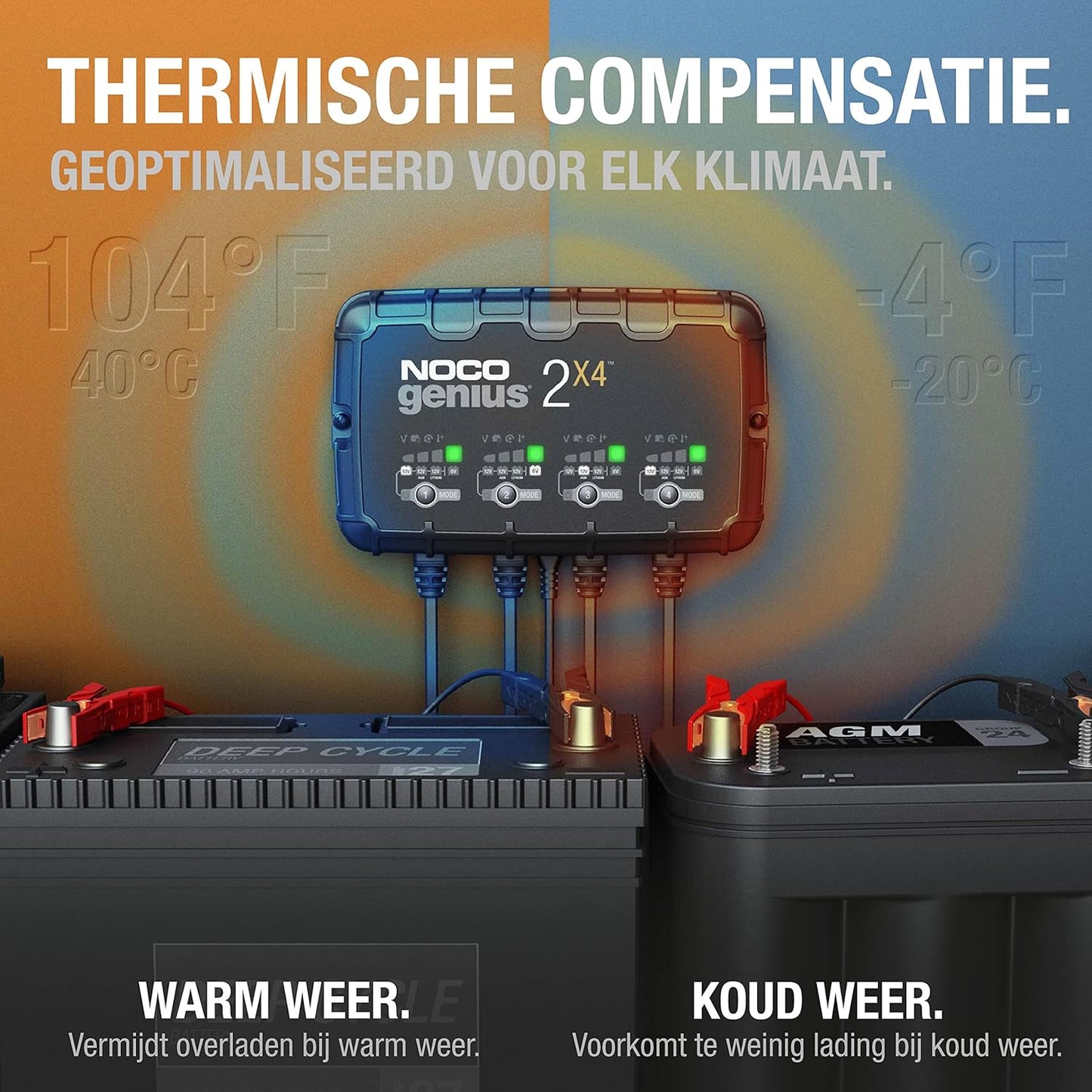 NOCO GENIUS2X4, 8A 4-Bank Automatische Oplader (2A per Bank), 6V en 12V Batterijlader, AGM, SLA, Gel en Lithium Auto-Acculader, Onderhoudslader, Druppellader en Desulfator - Auto, Motorfiets, ATV, RV