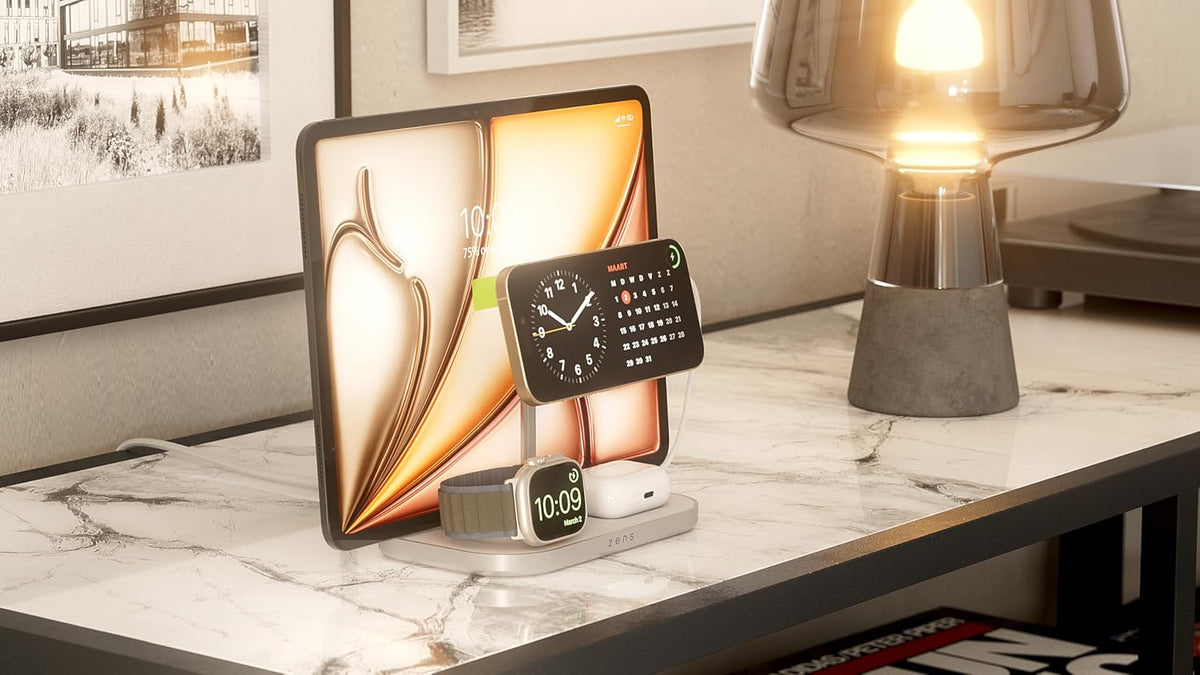 Zens 4-in-1 Wireless Charger, MagSafe en Qi 15W Wireless Charger voor iPhone/Apple Watch/AirPods, Inclusief 65W Voedingsadapter (EU/UK/US) en 1,5M Geïntegreerde Kabel, Wit