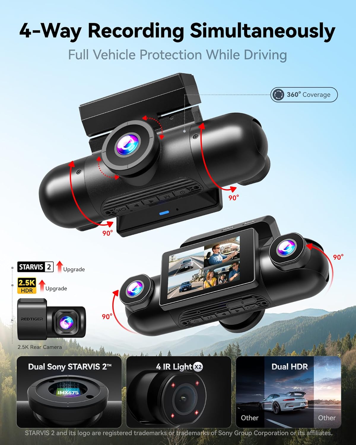 4-Kanaals 360° Dashcam – Autocamera – Rijcamera – Voertuigcamera – Panorama Dashcam – 2,5K Voor En Achter + 1080p Zijkanten – 5,8 GHz Wifi, Infrarood Nachtzicht & 128 GB Kaart