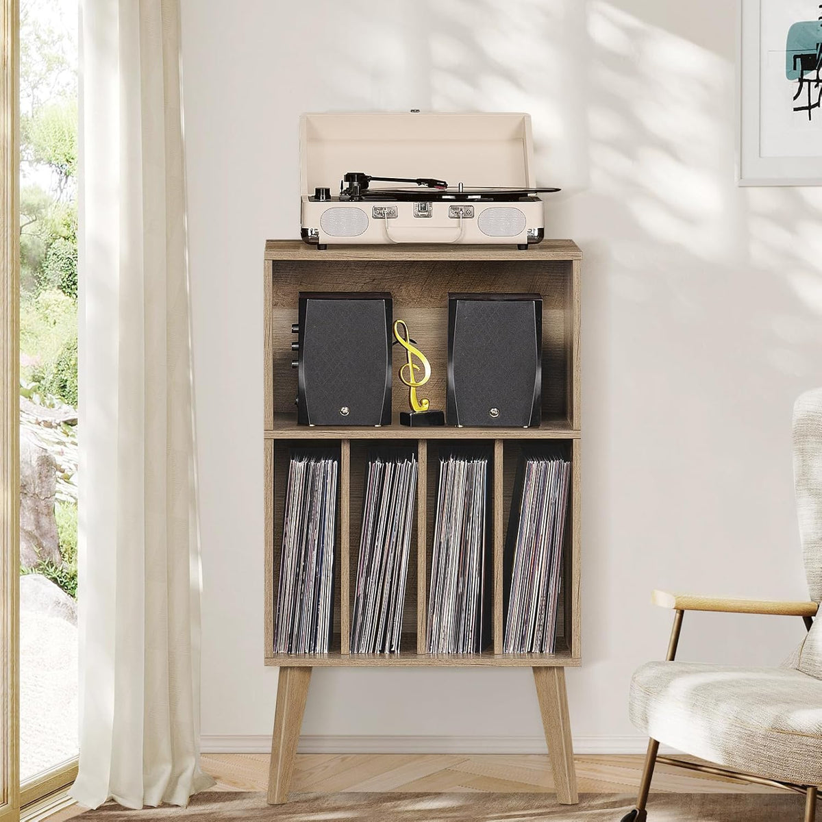 Platenspelerstandaard – Draaitafelstandaard – Vinyl Opbergkast – Platenkast – Platenspelerhouder – Eiken Look – Tot 160 Platen – Massief Houten Poten