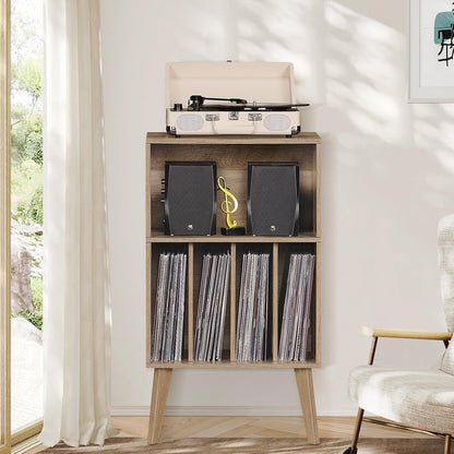 Platenspelerstandaard – Draaitafelstandaard – Vinyl Opbergkast – Platenkast – Platenspelerhouder – Eiken Look – Tot 160 Platen – Massief Houten Poten