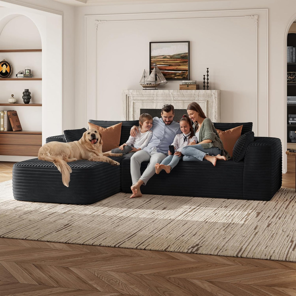 LINSY HOME Corner Sofa with Sleeping Function, Corduroy Modular Sofa Bed, 270 cm, L-Shaped Sofa, 3 Seater with Footstool, Sectional Sofa for Living Room, No Assembly Required, Black - QUORE