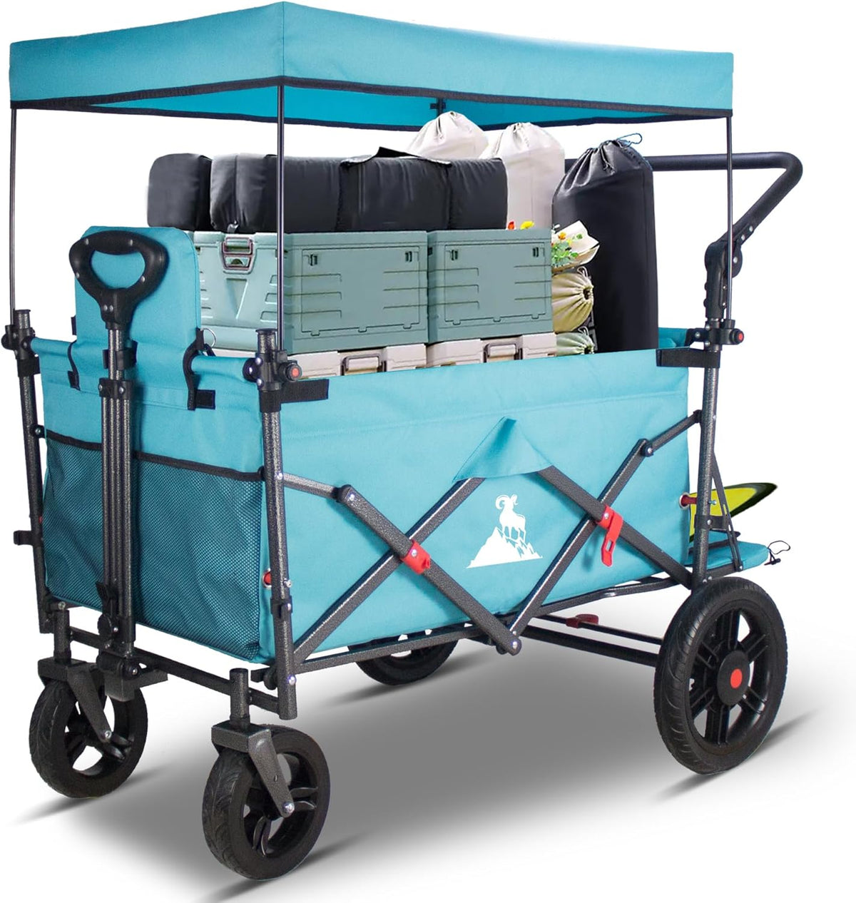 Opvouwbare bolderwagen Hemelsblauw – Bolderkar – Handwagen – Transportwagen – Strandkar – 2 klapstoelen met veiligheidsgordels en dak – 180L capaciteit, draagvermogen 120 kg