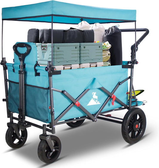 Opvouwbare bolderwagen Hemelsblauw – Bolderkar – Handwagen – Transportwagen – Strandkar – 2 klapstoelen met veiligheidsgordels en dak – 180L capaciteit, draagvermogen 120 kg
