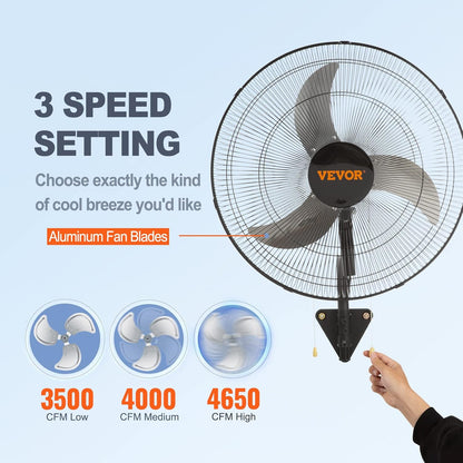 Wandventilator Zwart – Muurventilator – Industriële Ventilator – Werkplaatsventilator – Garageventilator – 49 Cm – 4650 CFM, 90° Oscillatie