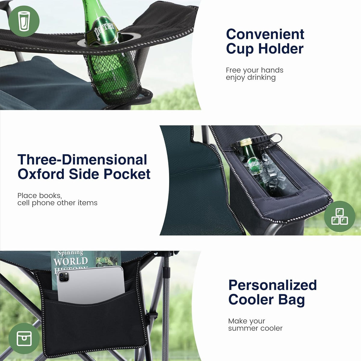 HIGH POINT SPORTS Opvouwbare campingstoel, zware extra grote draagbare buitenstoel, opvouwbare campingstoel met bekerhouder en koeltasondersteuning 204 kg, groen..