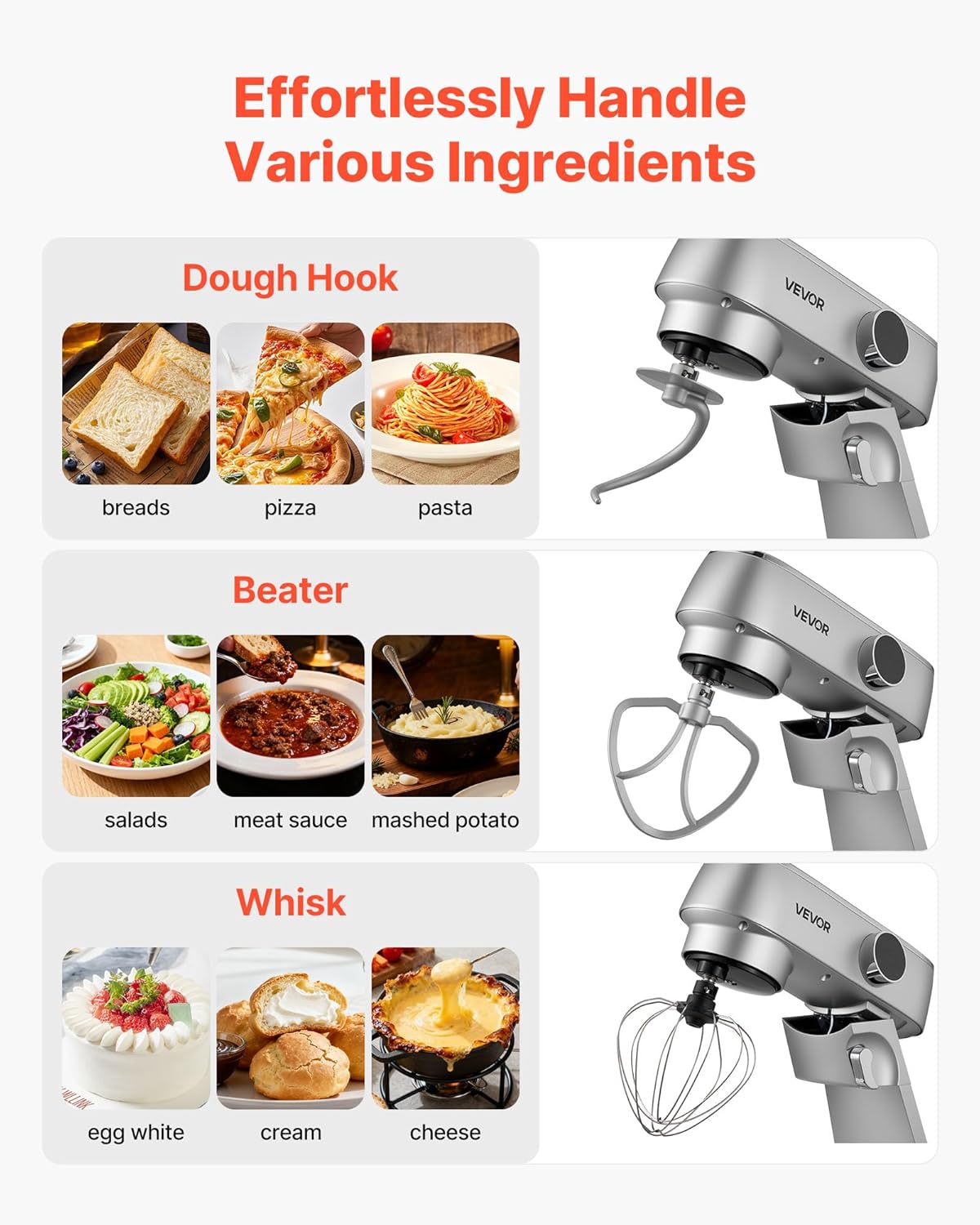 Keukenmachine – Keukenmixer – Keukenrobot – Foodprocessor – Mixer – 7,4L RVS Mengkom – 1800W Motor – 10 Snelheden – Inclusief Deeghaak, Garde En Platte Mengklopper