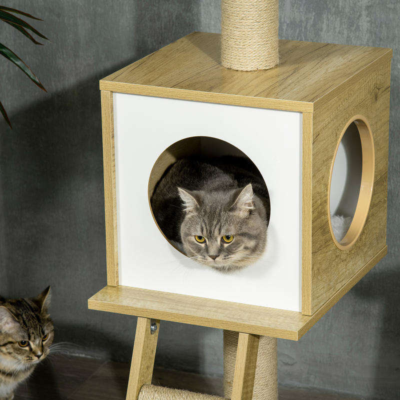 Cat Tree, 49cm, Sisal Scratching Post, Ball Run, Play Ball, Spring, 4-in-1 Design, Oak, White Cat climbing frame, cat tree, cat jumping platform, multifunctional cat tree, cat toy, duplex cat bed, Pet Play Tower, Feline Enric