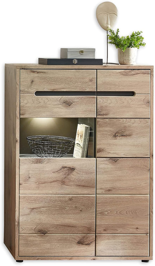 Vitrinekast – Displaykast – Opbergkast – Boekenkast – Glazen Kast – Modern Design – LED-Verlichting – 90x128x38 cm – Viking Eiken & Graphite