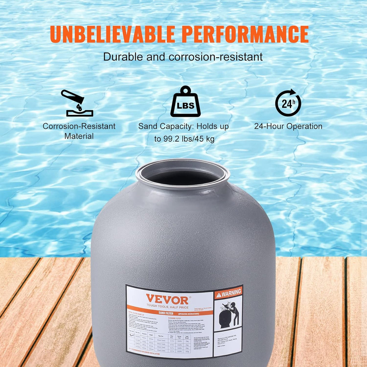 VEVOR Zandfilter, 48,3 cm, tot 45 GPM debiet, boven ingegraven zwembad zandfiltersysteem met 7-voudige meerpoorts ventiel, filter, backwash, spoelen, recirculeren, afval, winter, gesloten functies