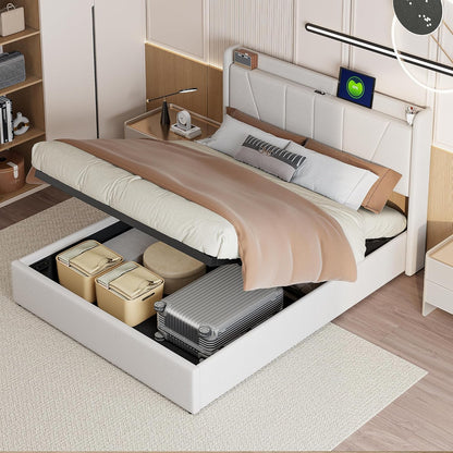 Tweepersoonsbed – Opbergbed – Stijlvol Bedframe – Slaapbank – Boxspringbed – 140x200 cm – Linnen Bekleding – Hydraulische Opbergruimte