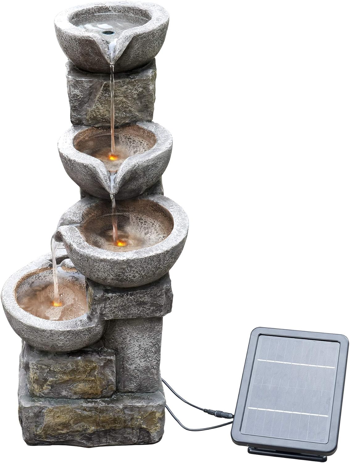 Teamson Home Buiten Tuin Water Fontein Met Lichten - Zonne-Energie - Waterornament - 4 Kommen Ontwerp - Waterval - Tuindecoratie - Binnen & Buitenhuis - Met Pomp - 43.2 x 30.5 x 68.6 (cm)