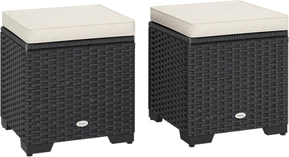 Outsunny Set of 2 Rattan Storage Ottoman, Outdoor Footstool with Removable Cushions, Garden Storage Seat for Balcony, Porch, Living Room, Cream - QUORE