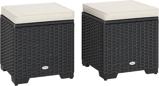 Outsunny Set of 2 Rattan Storage Ottoman, Outdoor Footstool with Removable Cushions, Garden Storage Seat for Balcony, Porch, Living Room, Cream - QUORE