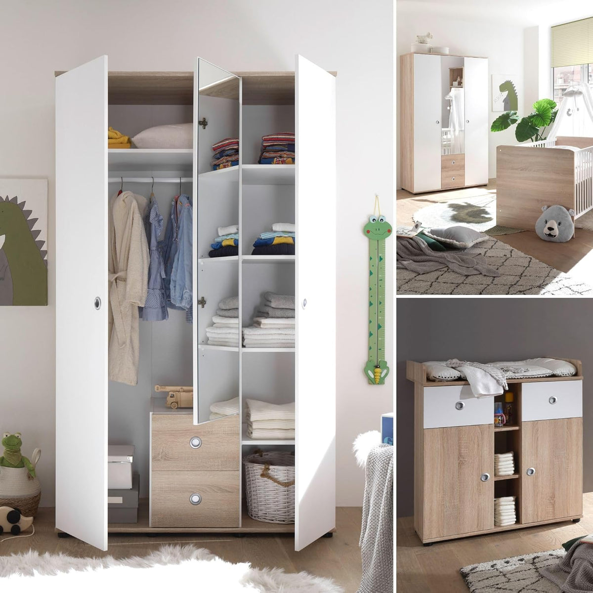 Stella Trading Wiki Baby Room Complete Set in Oak Sonoma Look / White - 3-Piece Set of 3 Wardrobe, Baby Bed and Changing Table - QUORE