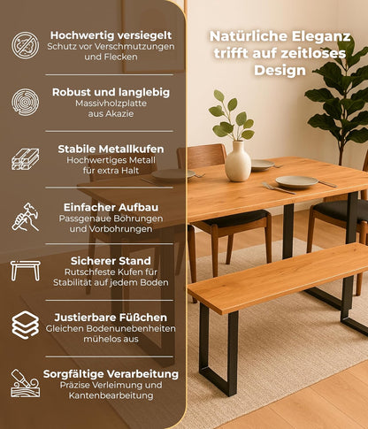 Eetkamerbank 140x40x45 cm – massief houten zitbank eetkamer van acaciahout met U-frame – echte boomrand, natuurlijke kleuren – handgemaakt & robuust – incl. levering op de gewenste plaats