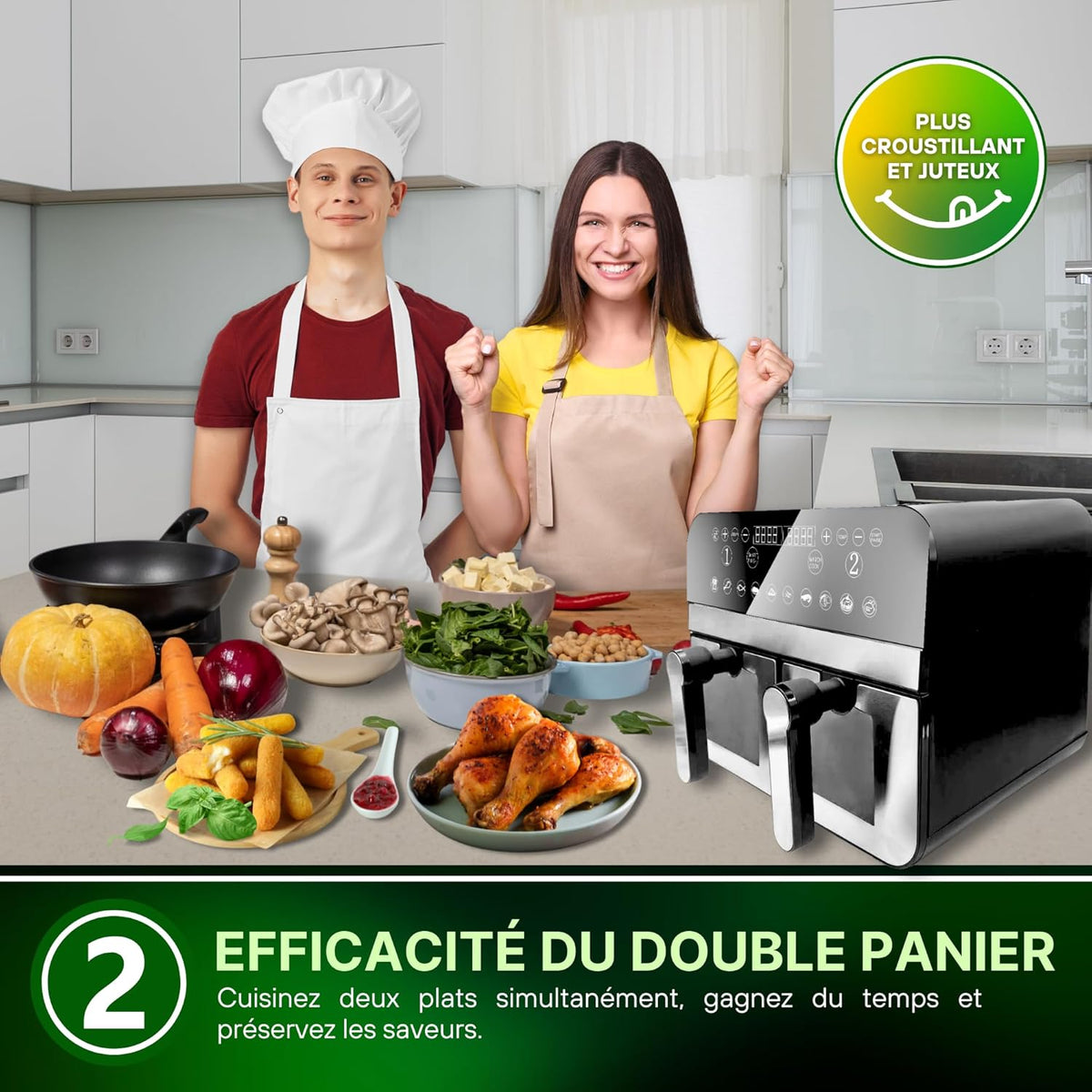 Comfy Nest, CNAFD45WS, 2400 W digitale heteluchtfriteuse met dubbele mand en 9 liter venster, gezond en snel koken, modern design, ideaal voor elke keuken, grijs