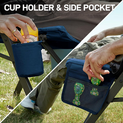 EVER ADVANCED Opvouwbare campingstoel, rugverstelling in 4 standen, belastbaar tot 150 KG, 6 cm dik gepolsterd met zijvak, drankhouder, tuinstoel met hoge rugleuning, visstoel voor kamp, tuin, balkon