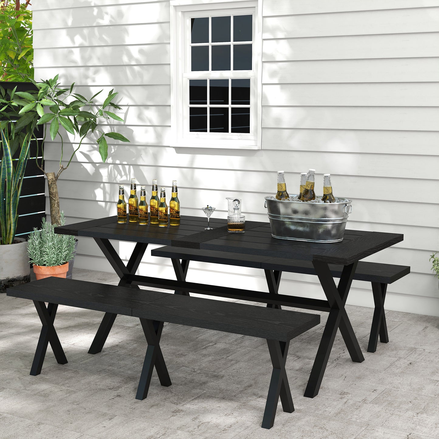 Picknicktafel – Bierbank – Tuinset – Tafel met Bankjes – Aluminium Tafelblad – Stalen Banken – Parasolgat – Weerbestendig – 180x80x73 cm – Zwart