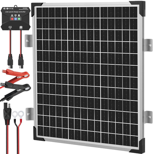 Voltset Zonnepaneelset, 50 W, 12 V, monokristallijn op zonne-energie, druppelladerhouder + upgrade 10 A MPPT-laadregelaar + Z-vormige montagebeugel voor auto, camper, boot, motorfiets, poortopener