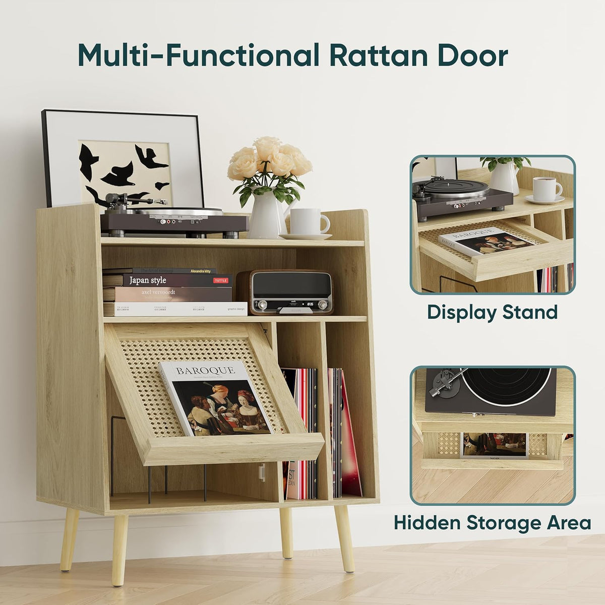 Draaitafel Tafel Groot – Platenspeler Meubel – Platenkast – Vinyl Opbergkast – Platenrek – Rotan Kastdeuren Met Verborgen Vinyl Opbergruimte – Massief Houten Poten