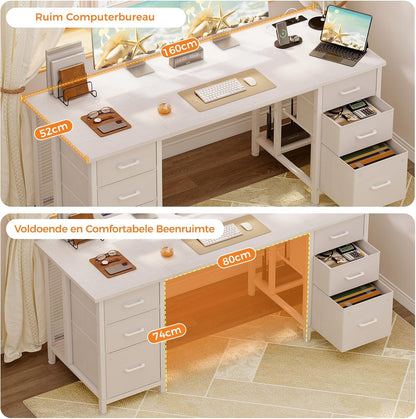 Coleshome Bureau met 6 laden, 160x52 cm Bureau met opslagruimte, Computerbureau met Planken voor Thuiskantoor, Wit