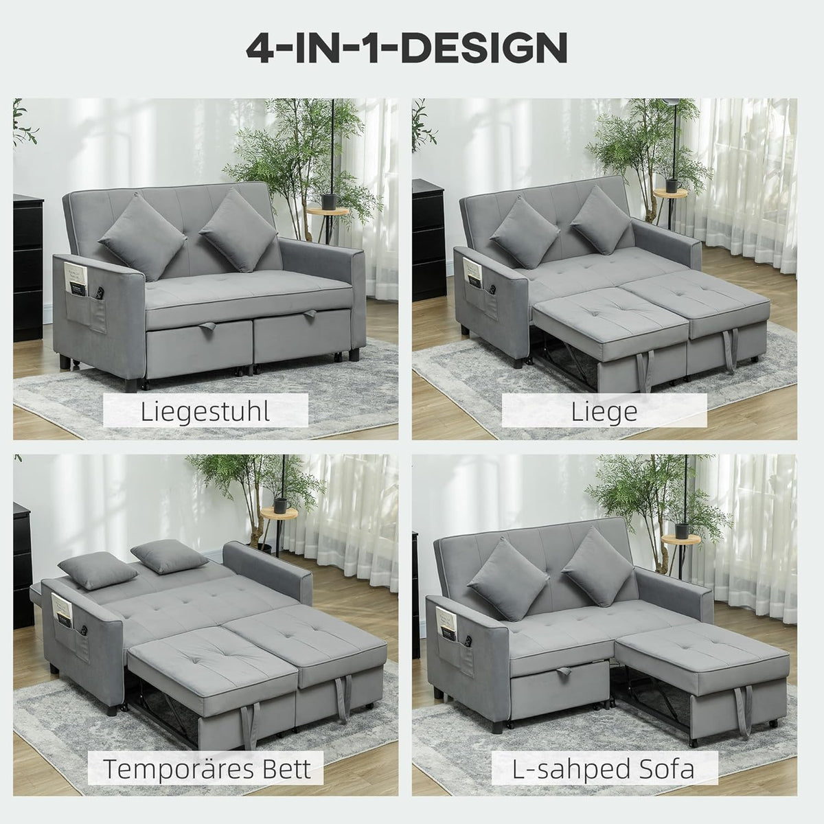 HOMCOM Schlafsofa, 2-Sitzer Sofa mit Schlaffunktion, Verstellbare Rückenlehne, Couch mit Kissen, Samtoptik, L-förmig Schlafcouch mit Bettkasten Rollen für Wohnzimmer, Gästezimmer, Grau - QUORE