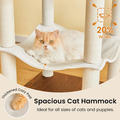 Grote Moderne Kattenboom - 178 cm Hoge Speeltoren voor Katten, Kattenmeubel met 7 Volledig Omwikkelde Krabpalen, 2 Ruime Platforms, Hangmat, Afneembaar Kussen en Pluche Ballen, Notenhout Bruin