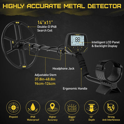 Metaaldetector Voor Volwassenen – Metaalzoeker – Schatzoeker – Detector – Bodemscanner – 14 Inch Waterdichte Dubbel-D Zoekspoel – Pinpoint-Functie En Achtergrondverlichting LCD-Scherm