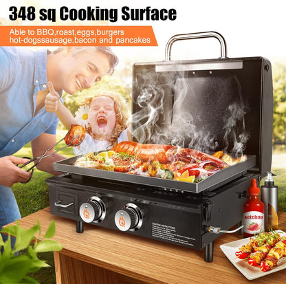 GFTIME Tafelgrill Griddle 2 branders met kap, plancha gasgrill met platte bovenkant, Griddle propaangrill met draagtas, 22 inch, 48.000 BTU, keramische grillplaat met antiaanbaklaag