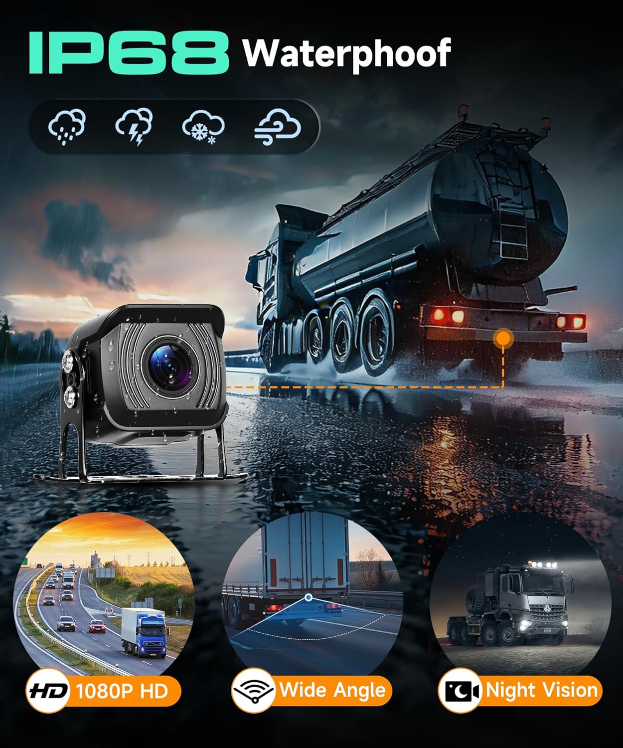 Achteruitrijcamera, 10,1 inch, IPS HD, 1080P, kleurenmonitor en 4 camera's, achteruitrijcamera met BSD DVR-opname, nachtzicht, dodehoekwaarschuwing, USB/TF, waterdichte camera voor vrachtwagen, camper