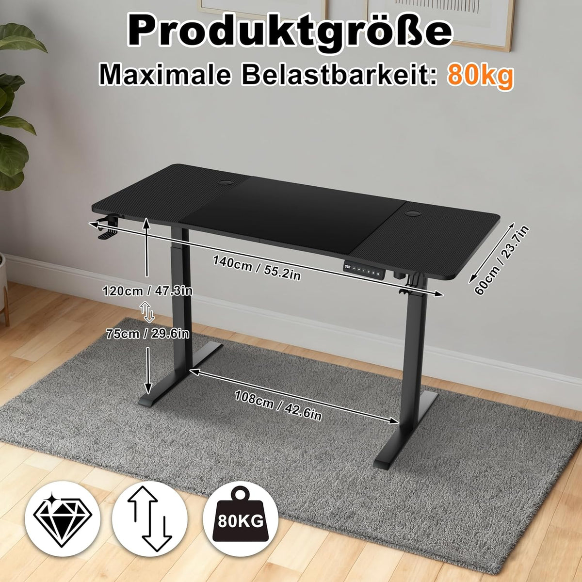 Height Adjustable Desk, 140 x 60 cm, Electric Computer Table, Desk Table with Type C Charging Port, Headphone Hook and Cup Holder, Electric Standing Table with Memory Function - QUORE