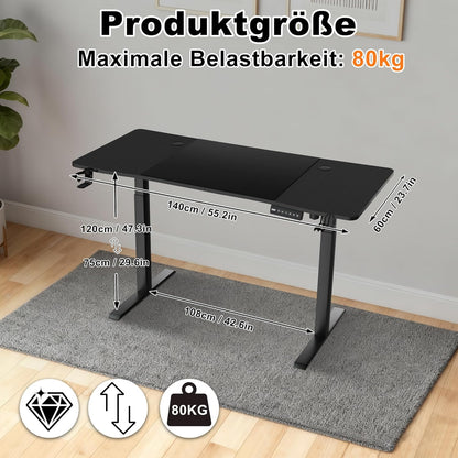 Height Adjustable Desk, 140 x 60 cm, Electric Computer Table, Desk Table with Type C Charging Port, Headphone Hook and Cup Holder, Electric Standing Table with Memory Function - QUORE