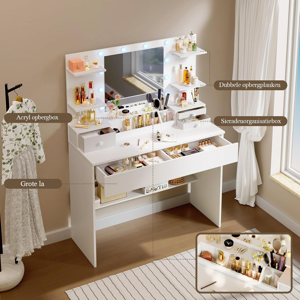 Make-up Tafel – Make-up Bureau – Toiletspiegel – Beautytafel – Schoonheidstafel – LED Spiegel met 10 Dimbare Lampen – 3 Kleuren & 9 Helderheidsniveaus – Laden en Gezoneerde Opslag – Wit 100x40x136 cm