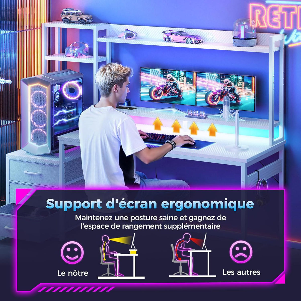 Coleshome Gamingbureau met Plank en Lades, 137×48 cm Gamebureau met LED-verlichting & Ingebouwd Stopcontact, Computertafel met Opbergplanken & Monitorstandaard, Witte Koolstofvezel