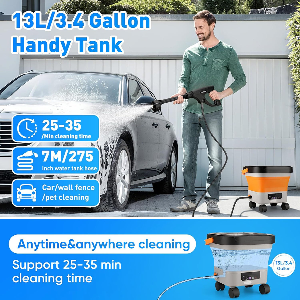 Draadloze hogedrukreiniger – Opvouwbare reiniger – Sproeier – Waterpistool – Terrasreiniger – 13L Tank – 7 Instelbare Drukniveaus tot 660 PSI
