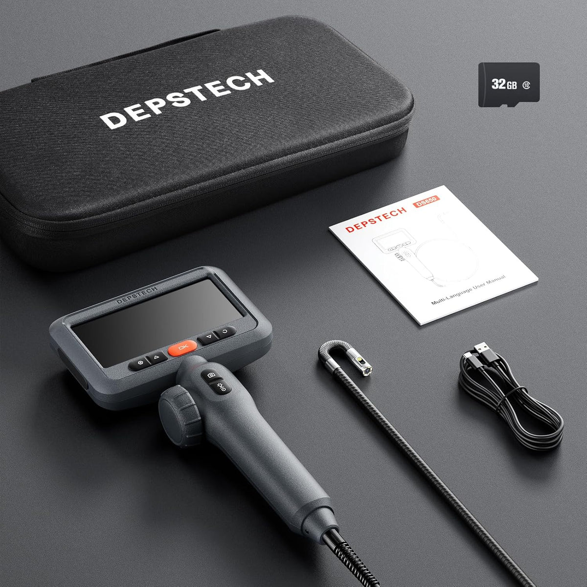 DEPSTECH Endoscoop met dubbele lens met 210 graden tweeweg-scharnier, industriële endoscoopcamera met verlichting, 0,33 inch sonde, 3M waterdichte flexibele slangenbuis, video-inspectiecamera-tool